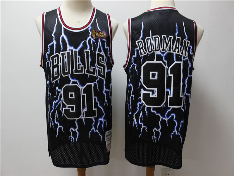 Men Chicago Bulls #91 Rodman Black Lightning version NBA Jerseys->women nfl jersey->Women Jersey